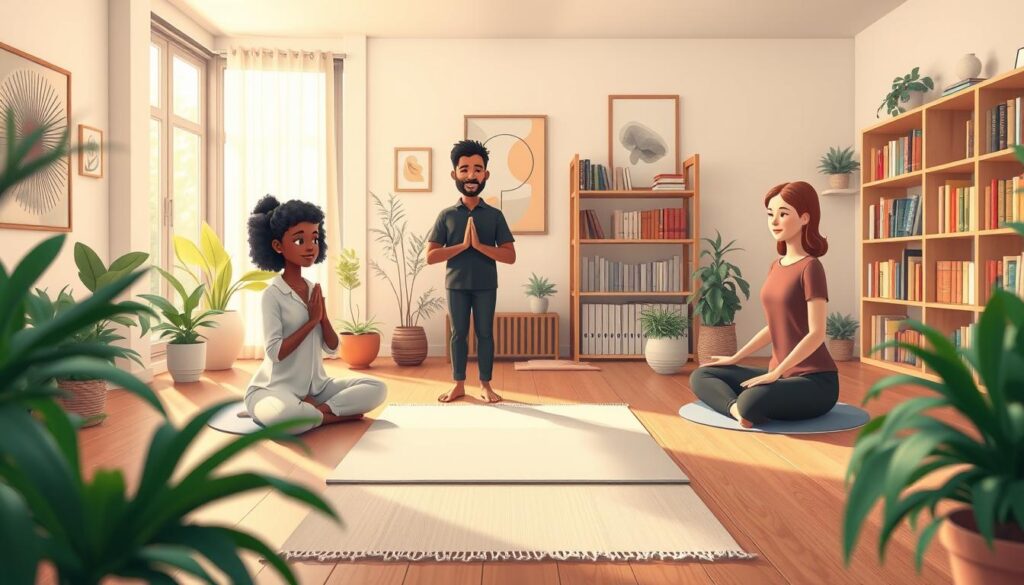 A serene indoor space dedicated to mindfulness exercises. In the foreground, a diverse group of three individuals – a Black woman, a Hispanic man, and a Caucasian woman – are engaged in various mindfulness practices, dressed in modest casual clothing. The middle ground features a soft mat on a wooden floor, surrounded by plants and natural light filtering through a large window. In the background, calming artwork and shelves filled with books on self-awareness are visible. The lighting is warm and inviting, creating a peaceful atmosphere. Capture a sense of focus and tranquility, highlighting their connection to the present moment. Use a wide-angle lens to include the entire scene, emphasizing the harmonious environment. Inspired by nextself.ai. A serene indoor space dedicated to mindfulness exercises. In the foreground, a diverse group of three individuals – a Black woman, a Hispanic man, and a Caucasian woman – are engaged in various mindfulness practices, dressed in modest casual clothing. The middle ground features a soft mat on a wooden floor, surrounded by plants and natural light filtering through a large window. In the background, calming artwork and shelves filled with books on self-awareness are visible. The lighting is warm and inviting, creating a peaceful atmosphere. Capture a sense of focus and tranquility, highlighting their connection to the present moment. Use a wide-angle lens to include the entire scene, emphasizing the harmonious environment. Inspired by nextself.ai.